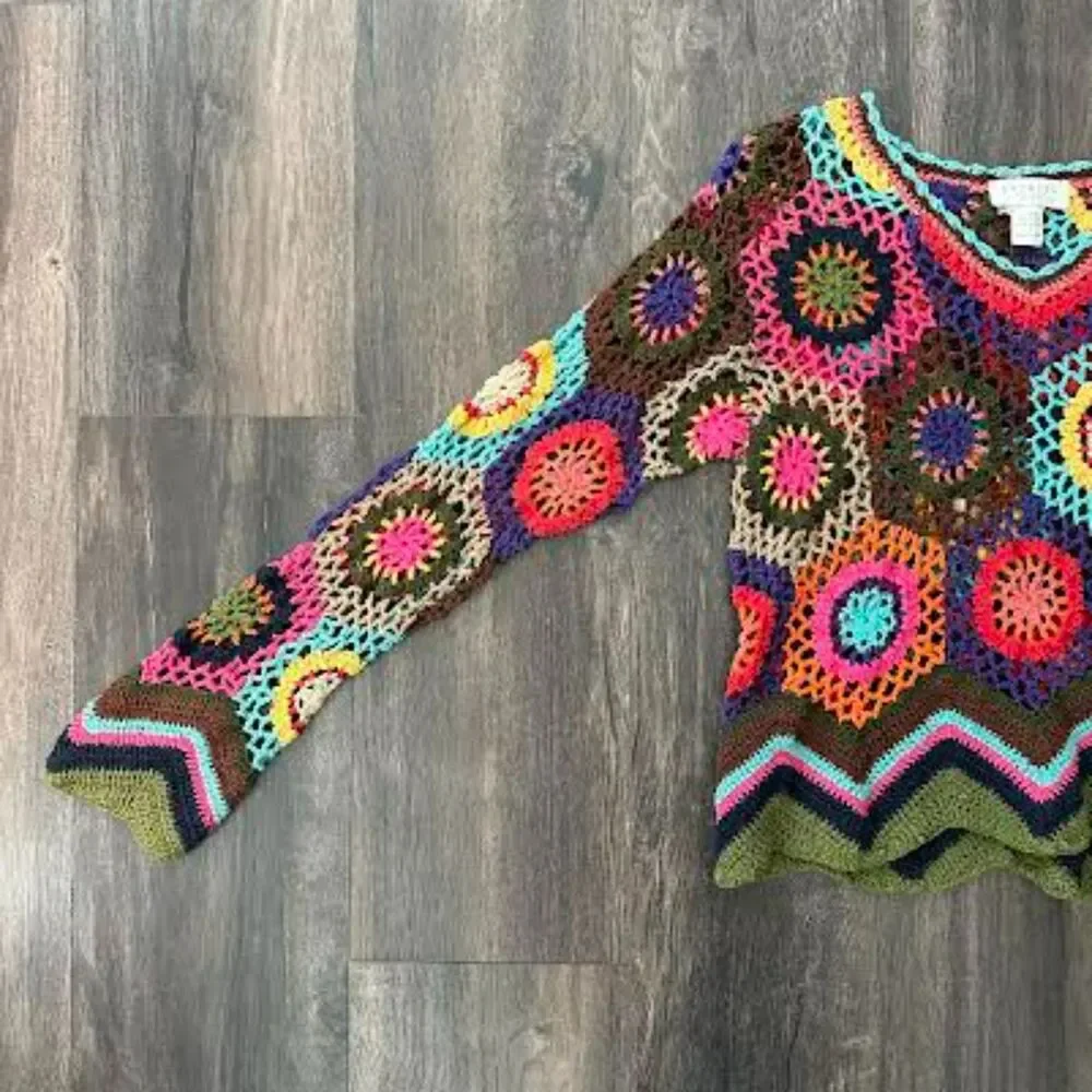 Vintage Express Tricot Open Knit Sweater Bright Floral Patchwork V-Neck Size Lg - Picture 3 of 8